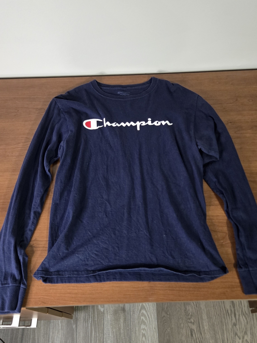 Champion Navy Long Sleeve Logo Shirt with White & Red Script